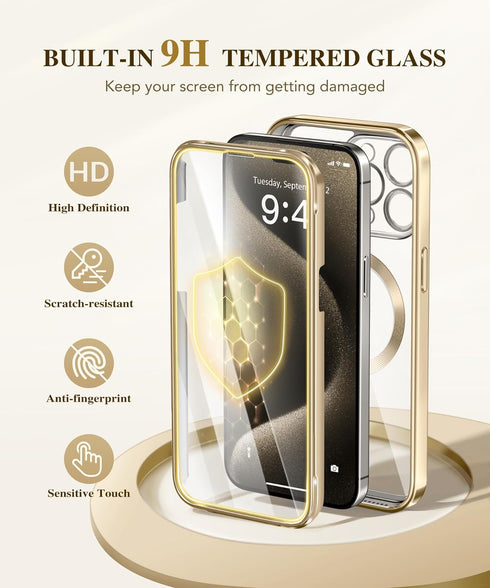 BERFY Magnetic for iPhone 15 Pro Max Case, Compatible with Magsafe, Built-in 9H Tempered Glass Screen Protector & Full Camera Protection, Full Bod...