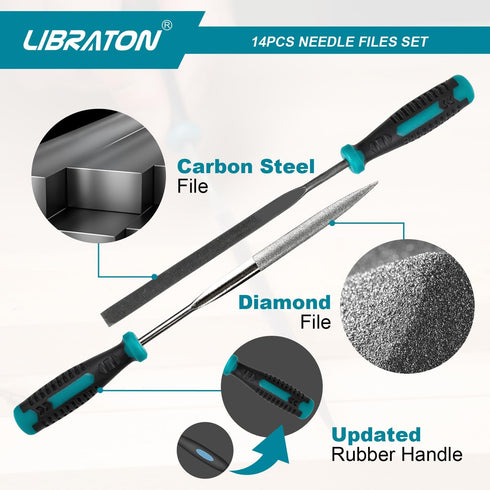 Libraton Needle File Set, Diamond Needle File Set, 14PCS Small File Set, 6 Diamond Files & 6 Carbon Steel Files with Wire Cutter, Steel Brush, Car...