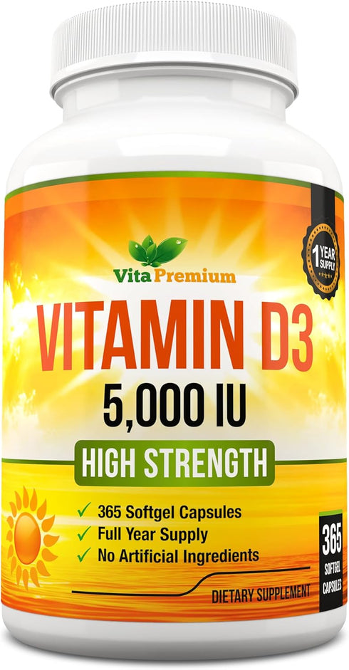 Vitamin D 5000 IU, 365 Easy to Swallow Softgels, High Strength Vitamin D3 5000 IU Supplement - Full Year Supply...