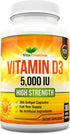 Vitamin D 5000 IU, 365 Easy to Swallow Softgels, High Strength Vitamin D3 5000 IU Supplement - Full Year Supply...