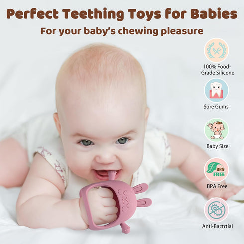 2 Packs Bunny Teething Toys for Babies 0-6 Months,Never Drop Teether for 6-12 Months,100% Food-Grade Silicone Teething Mitten for Babies,Teething ...