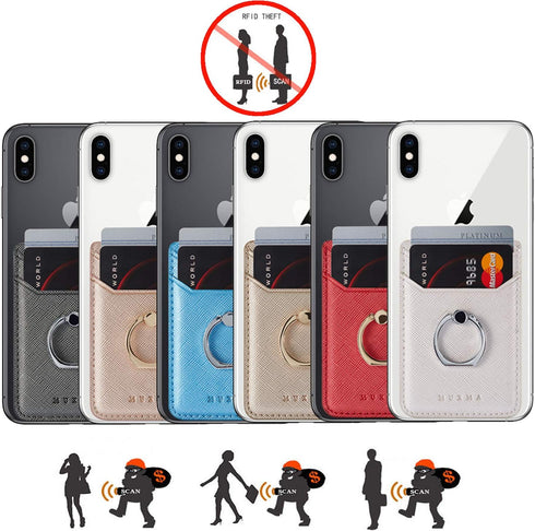BIAJIYA Cell Phone Card Holder RFID Ring Stand Stick on Wallet Pu Leather Card Holder for Back of Phone for iPhone Android and All Smartphones (Ro...