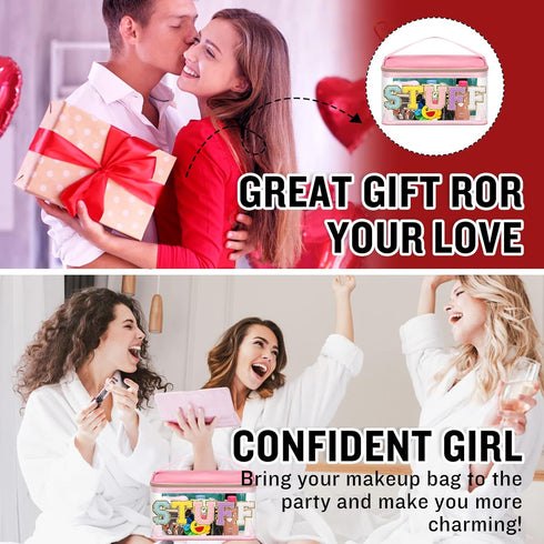 Chenille Letter Clear Makeup Bags Stuff Pouch, Preppy Patch Makeup Bag Zipper with Handle, Transparent PVC & Nylon Waterproof Glitter Cosmetic Han...