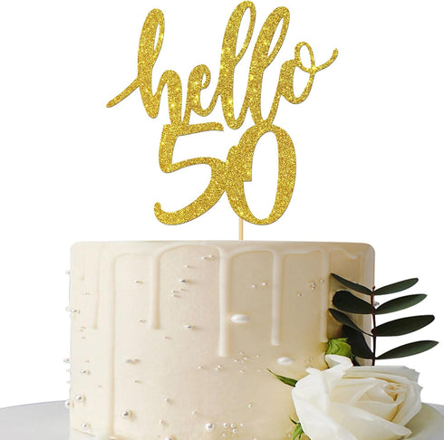 Hello 50 Cake Topper - 50th Birthday / 50th Anniversary Party Cake Decoration, 50th Birthday / 50th Anniversary Party Decorations Supplies (Gold, ...