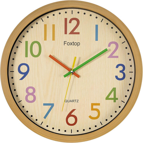 Foxtop Silent Kids Wall Clock 12 Inch Non-Ticking Battery Operated Colorful Childrens Clock for Classroom Playroom Nursery Bedrooms Kids Room Scho...