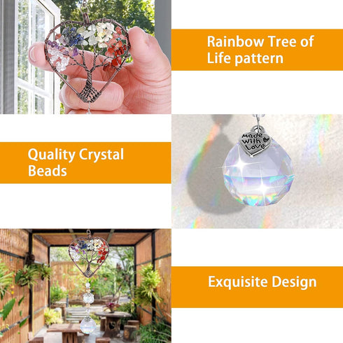 Rainbow Crystal Sun Catcher, Tree of Life Suncatchers Heart Shaped Hanging Ornament Chakra Stones Window Crystal Ball Prism Pendant Garden Home Ca...