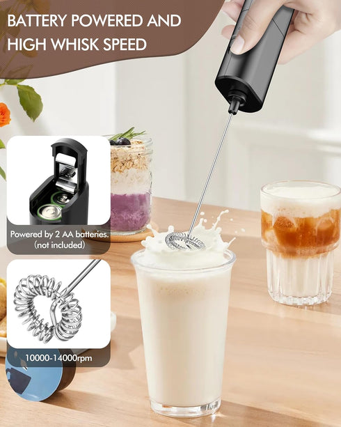 Electric Milk Frother Handheld, Coffee Frother Battery Operated Foam Maker Frother for Coffee, Frappe, Latte, Matcha, Protein Powder-Black...