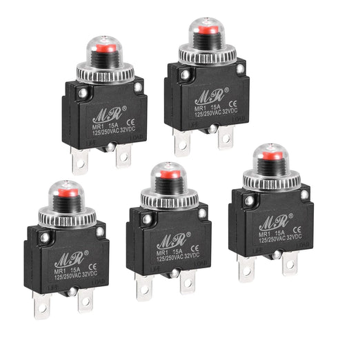 MECCANIXITY Circuit Overload Protector 15A AC125/250V DC32V Push Button Thermal Circuit Breaker for Air Compressor with Waterproof Caps 5pcs...