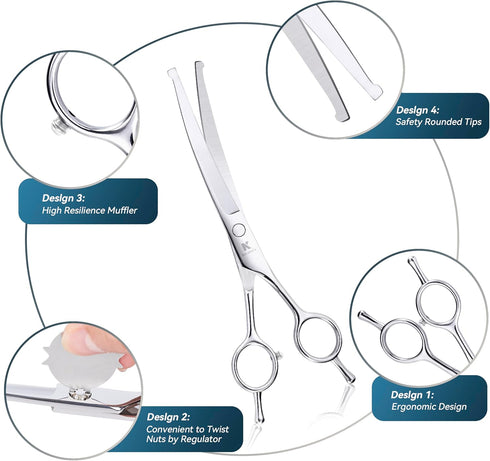 Curved Dog Grooming Scissors, Professional 7.5 inch Heavy Duty Dog shears for Grooming with Safety Round Tips, Japanese Stainless Steel Pet Groomi...