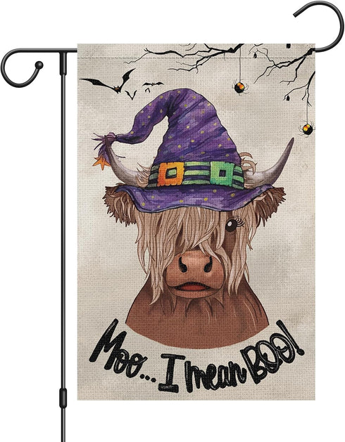 Louise Maelys Halloween Highland Cow Garden Flag 12x18 Double Sided, Burlap Small Welcome Boo Halloween Witch Hat House Flags Seasonal Holiday Out...