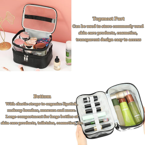 Double Layer Cosmetic Bag Toiletry Bag Makeup Bag Organizer Large Capacity Waterproof Makeup Case for Travel and Daily Use (coffee diamond plaid)...