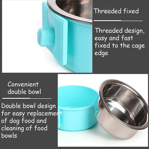 kathson 3 PCS Crate Dog Bowl, Stainless Steel Removable Hanging Cage Food Bowl Pet Food Spoon & Water Feeder Bowls Coop Cup for Puppy Cat Bird Rab...