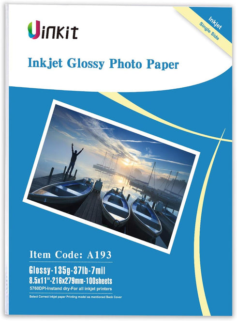 Uinkit 37lb Thin Flyer Paper Glossy 8.5x11 Inkjet 100 Sheets Single Side DIY Chip Bag 135gsm Photos Picture for Inkjet Printer with Dye Ink Printe...