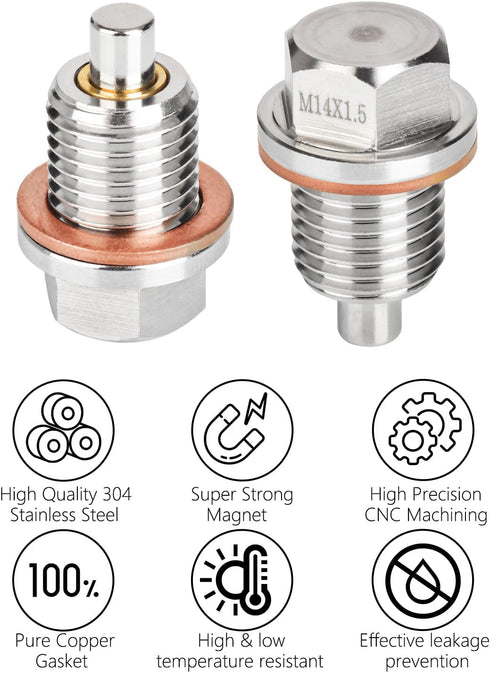 Magnetic Oil Drain Plug M14 X 1.5MM 2 PCS, Stainless Steel Engine Oil Drain Plugs with 4 Pcs Copper Gasket Anti Leakage Replacement for Most Ford ...