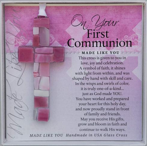 First Communion Gift for Girl - Handmade in USA Pink Mosaic Glass Cross with Sentiment...