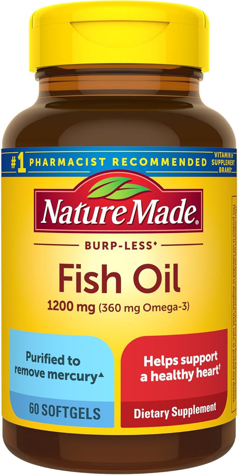 Nature Made Burp Less Fish Oil 1200 mg, Fish Oil Supplements, Omega 3 Fish Oil for Healthy Heart Support, Omega 3 Supplement with 60 Softgels, 30 ...