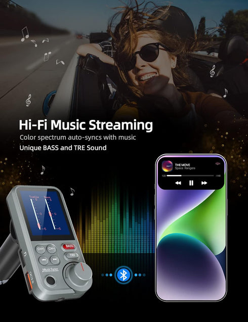 Nulaxy FM Bluetooth Transmitter for car, Strong Microphone Bluetooth Car Adapter with 1.8" Color Screen for Hands-Free Calls, Supports QC3.0 Charg...