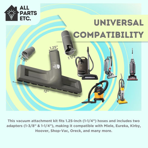 1.25" Gray Vacuum Attachment Kit with 2 Adapters (1-3/8" & 1-1/4") Floor Brush, Crevice Tool, Dust Brush, Upholstery Tool Compatible with Miele, E...