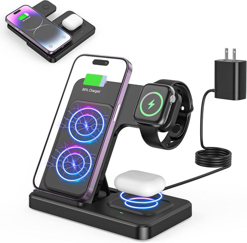 3 in 1 Wireless Foldable Charging Station,Folding Fast Charger Dock Stand for Apple iPhone 14/13/12/11/Pro/Max/XS/XR/X/Plus/Apple Watch 7/6/5/4/3/...