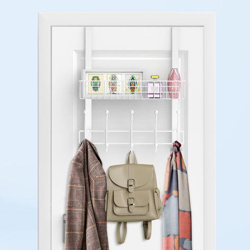 Coat Rack, Over The Door Hanger with Mesh Basket, Detachable Storage Shelf for Towels, Hats, Handbags, Coats (White)...