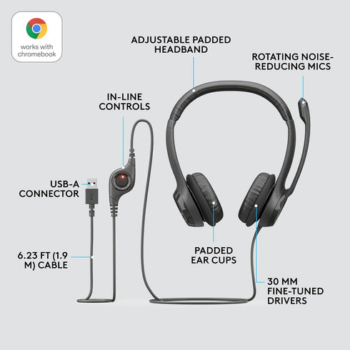 Logitech H390 Wired Headset for PC/Laptop, Stereo Headphones with Noise Cancelling Microphone, USB-A, in-Line Controls for Video Meetings, Music, ...