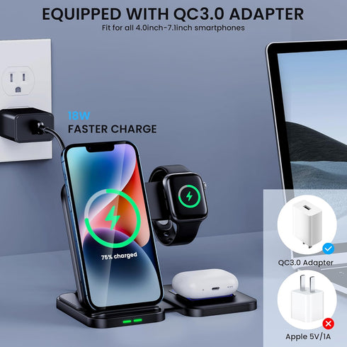 Wireless Charging Station, 3 in 1 Wireless Charger Stand, Foldable Wireless Charging Dock for iPhone14/13/12/11/Pro/Max/XS, Fast Charging Dock for...