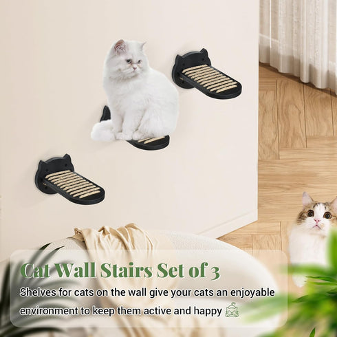 3 Pcs Cat Wall Shelves, Cat Wall Steps with Hemp Rope Covered, Cat Climbing Shelf Wall Mounted, Wooden Cat Stairs for Wall, Cat Wall Furniture for...