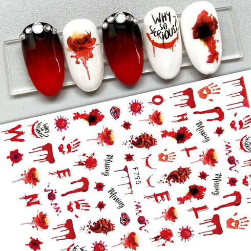 Halloween Nail Art Stickers Blood Nail Decals, 6 Sheets 3D Self Adhesive Halloween Nail Art Supplies Sticker Blood Scar Clown Eye Halloween Nail D...