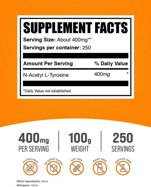 BulkSupplements.com N-Acetyl L-Tyrosine Powder -Tyrosine Supplement, NALT Powder, Amino Acid Supplement - Unflavored & Gluten Free, 400mg per Serv...