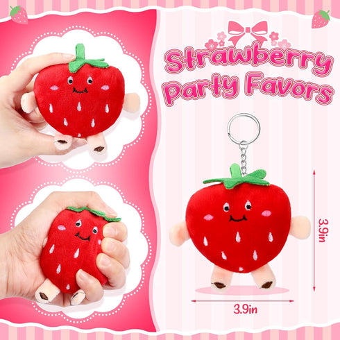 XunYee 24 Pcs Cute Strawberry Fruit Keychains Plush Pendant Red Plush Stuffed Kawaii Charm Goodie Bag for Strawberry Party Favor...