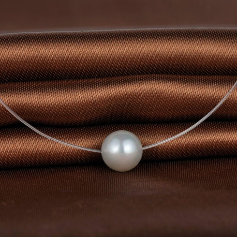 Simple 925 Sterling Silver One Simulated Pearl Pendant Invisible Fishing Line Choker Necklace for Women...