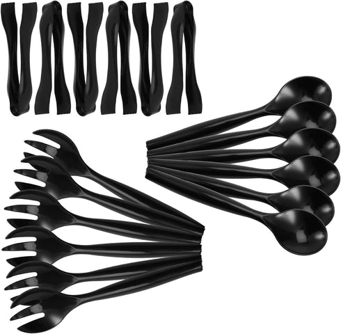Set of 18 - Heavy Duty Disposable Plastic Serving Utensils, Six 10” Spoons and Forks, Six 6-1/2” Tongs, Black...