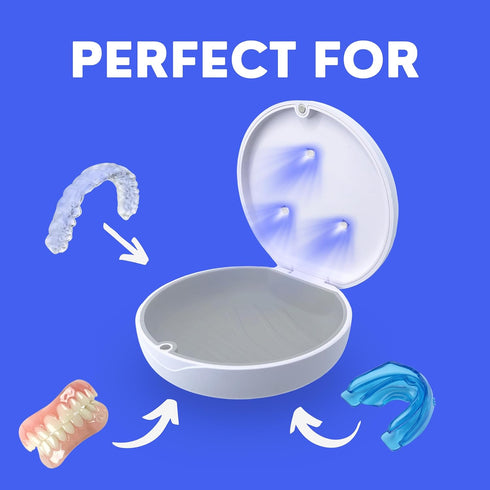 Retainer Case & UV Cleaner - Portable Dental Holder for Invisalign, Mouth Guard, Aligners, Dentures, Night Guard - White & Red...