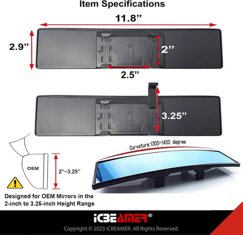 ICBEAMER 11.8 Inch Car Rearview Mirror, Panoramic Wide Angle, HD Blue Tint Glass, Interior Clip On Convex Car Mirror, Anti Glare, Automotive Acces...