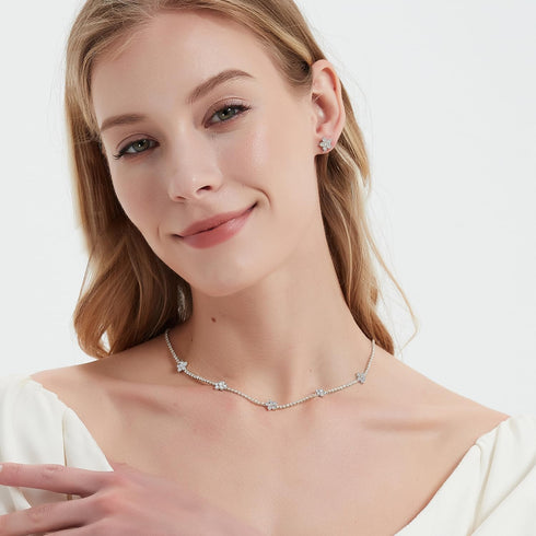 Flower CZ Crystal Wedding Jewelry Set Cubic Zirconia Choker Necklace Stud Earrings Set for Bridesmaid Bridal Prom Homecoming...