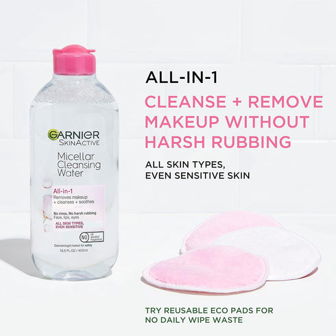 Garnier Micellar Water, Hydrating Facial Cleanser & Makeup Remover, Suitable for Sensitive Skin, Vegan, Cruelty Free, 13.5 Fl Oz (400mL), 2 Count...