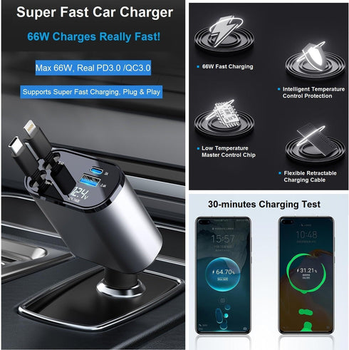 Retractable Car Charger Fast Charging - 66W 4-in-1 USB C Car Phone Charger Cigarette Lighter Adapter Car Charger Compatible with iPhone 15 14 13 1...