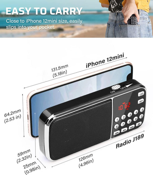 PRUNUS J-189 Bluetooth AM FM Radio, Small Portable Radios - Dual Speaker Heavy Bass, LED Flashlight, Pocket Size, TF Card USB AUX MP3 Player, Rech...