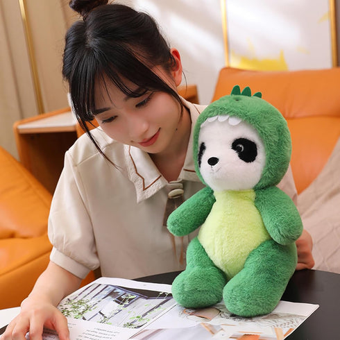 Cute Stuffed Panda Animal Cosplay as Pink Dinosaur Plush Toys Soft Panda Toy in Dinosaur Costume Panda Plushies Toys Stuffed Animals for Kids 12 I...