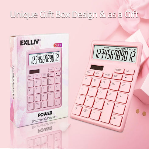 Standard Calculator 12 Digit,Pink Desktop Dual Power Battery and Solar,Desk Calculators with Large LCD Display,Perfect for Home, Office,and School...
