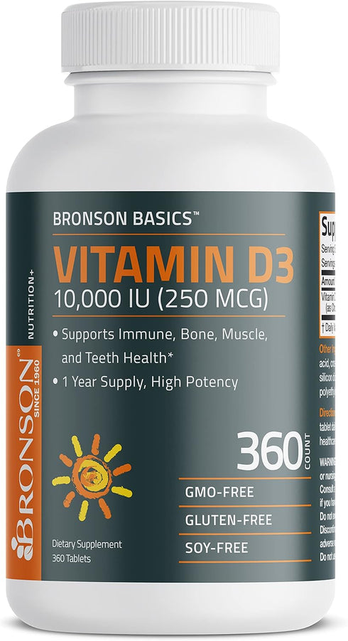 Bronson Vitamin D3 10,000 IU (250 MCG) 1 Year Supply for Healthy Muscle Function and Immune Support, Non-GMO, 360 Tablets...