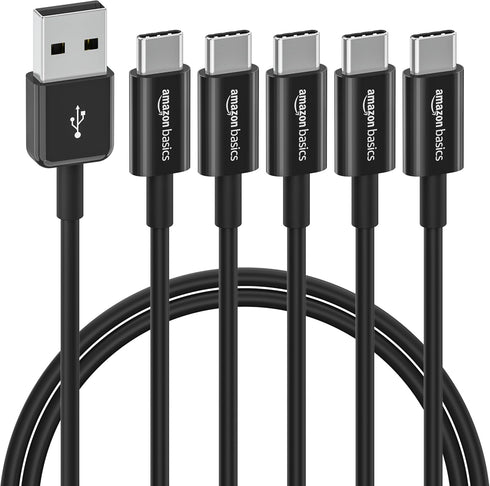 Amazon Basics 5-Pack USB-C to USB-A 2.0 Fast Charger Cable, 480Mbps Speed, USB-IF Certified, for Apple iPhone 15, iPad, Samsung Galaxy, Tablets, L...