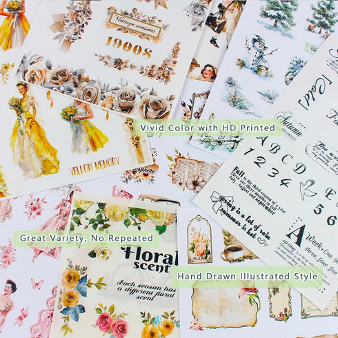 Dwpetzo 278Pcs Seasons Landscape Scrapbooking Journaling Sticker Book Precut, 3 Assorted Adhesive Washi, PET, and Paper Materials Stickers for Jun...