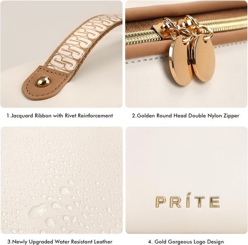 Large Capacity Cosmetic Bag for Women Portable Waterproof PU Leather Makeup Bag Open Flat Makeup Organizer With Clear Divider and Handle(Beige)...