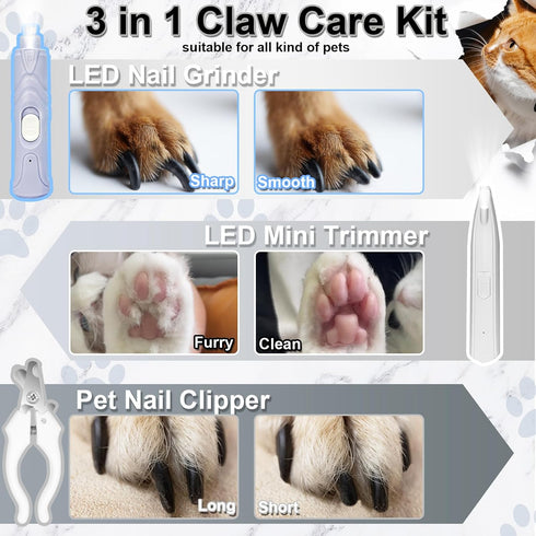 Dog Paw Trimmer Clipper - LED Nail Trimmer for Dogs, Quiet Dog Nail Grinder, Rechargeable Pet Clipper for Grooming, 3 in 1 White...