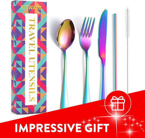Rainbow Travel Utensil Set, Stainless Steel Camping Cutlery, Portable Utensils Set with Case, Set of 6 Reusable Silverware Set, Lunch Utensils Set...