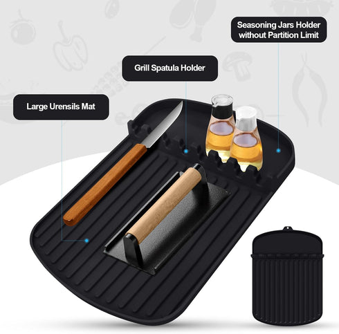 Silicone Griddle Tools Mat for Blackstone,16.9“ x 11.8" Spatula Mat with Drip Pad,Heat-Resistant Grill BBQ Caddy Utensils Holder for Kitchen,Cooki...