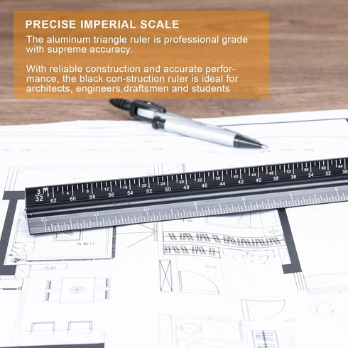 Architectural Scale Ruler for Blueprint, 12'' Metric Metal Engineers Triangle Drafting Ruler with Imperial Measurements for Architects Engineering...