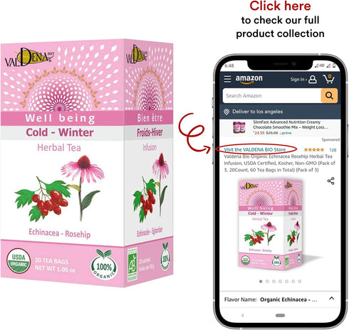 Valdena Bio Organic Echinacea Rosehip Herbal Tea Infusion (Pack of 3, total of 60 individually wrapped Tea Bags) Immunity boost, Immune support, W...
