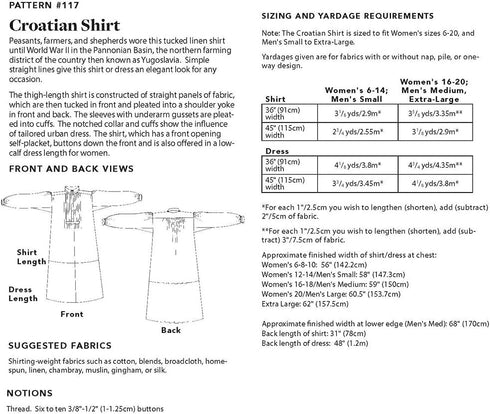 Folkwear 117 Croatian Shirt Blouse Dress Farmer Peasant Shepherd Traditional Old Yugoslavia Sewing Pattern (Pattern Only) folkwear117...